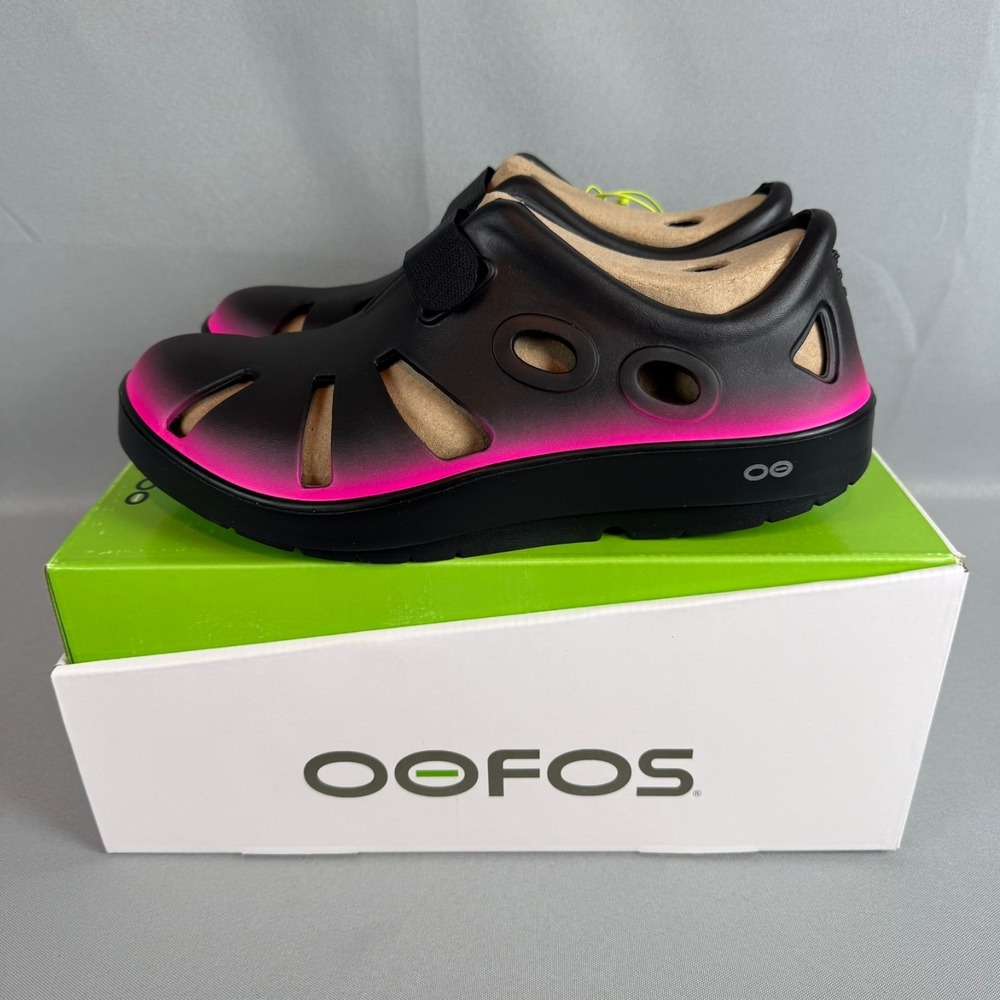 Oofos Oocandoo Recovery Sandals Womens 6 Black Pink Slip-On Shoes Light New NIB
